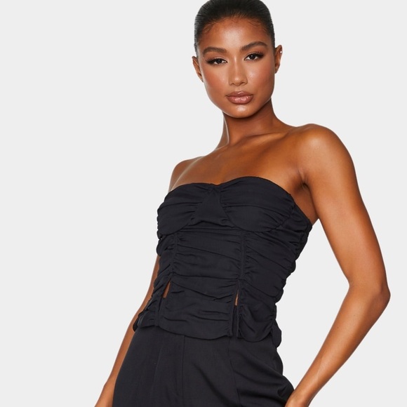 Pretty Little Thing Women’s Black Chiffon Ruched Spilt Hem Bandeau Corset Top - Picture 3 of 8